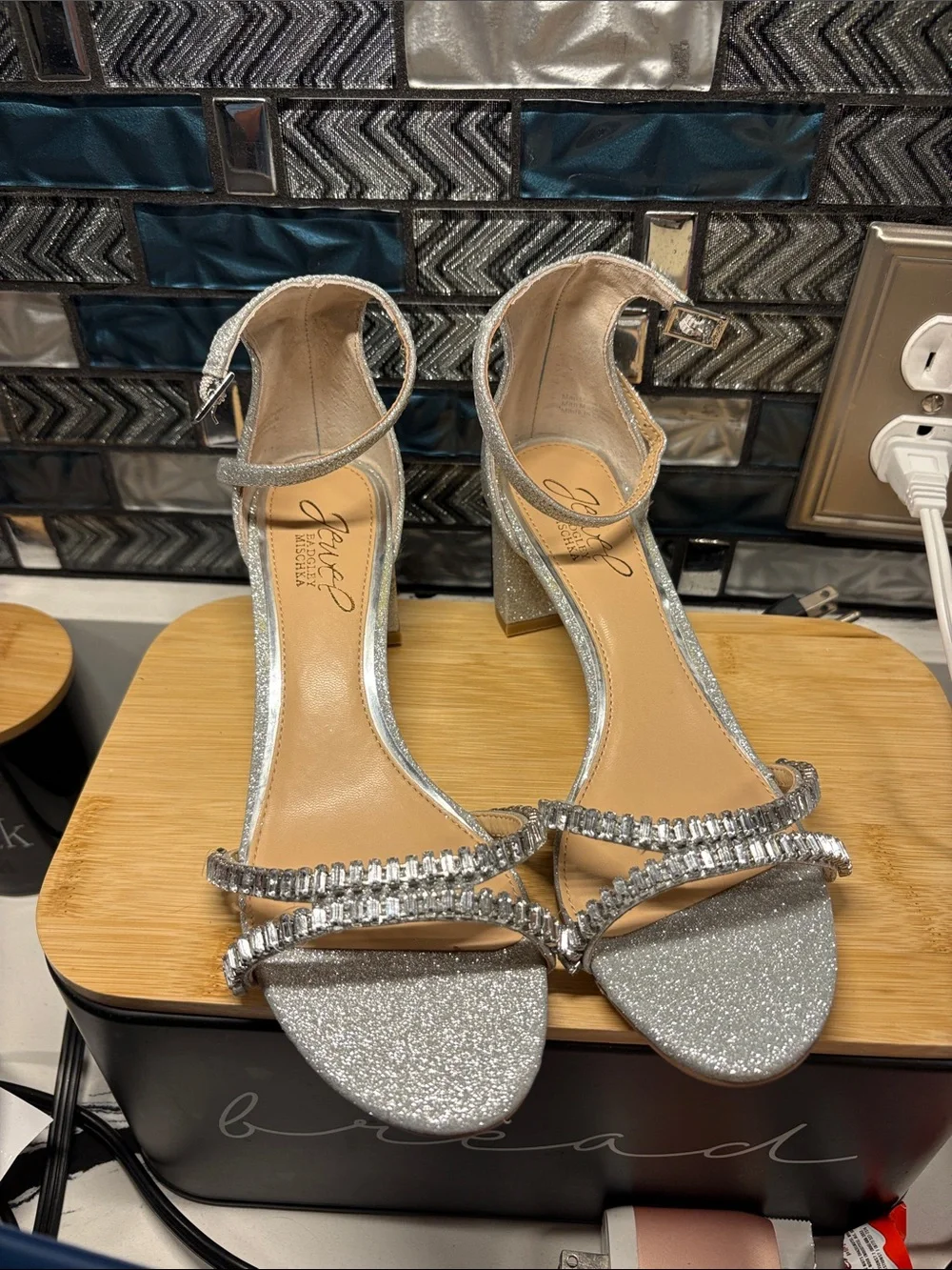 Jewel Badgley Mischka Silver Glitter Crystal-Strap Block Heel Sandals